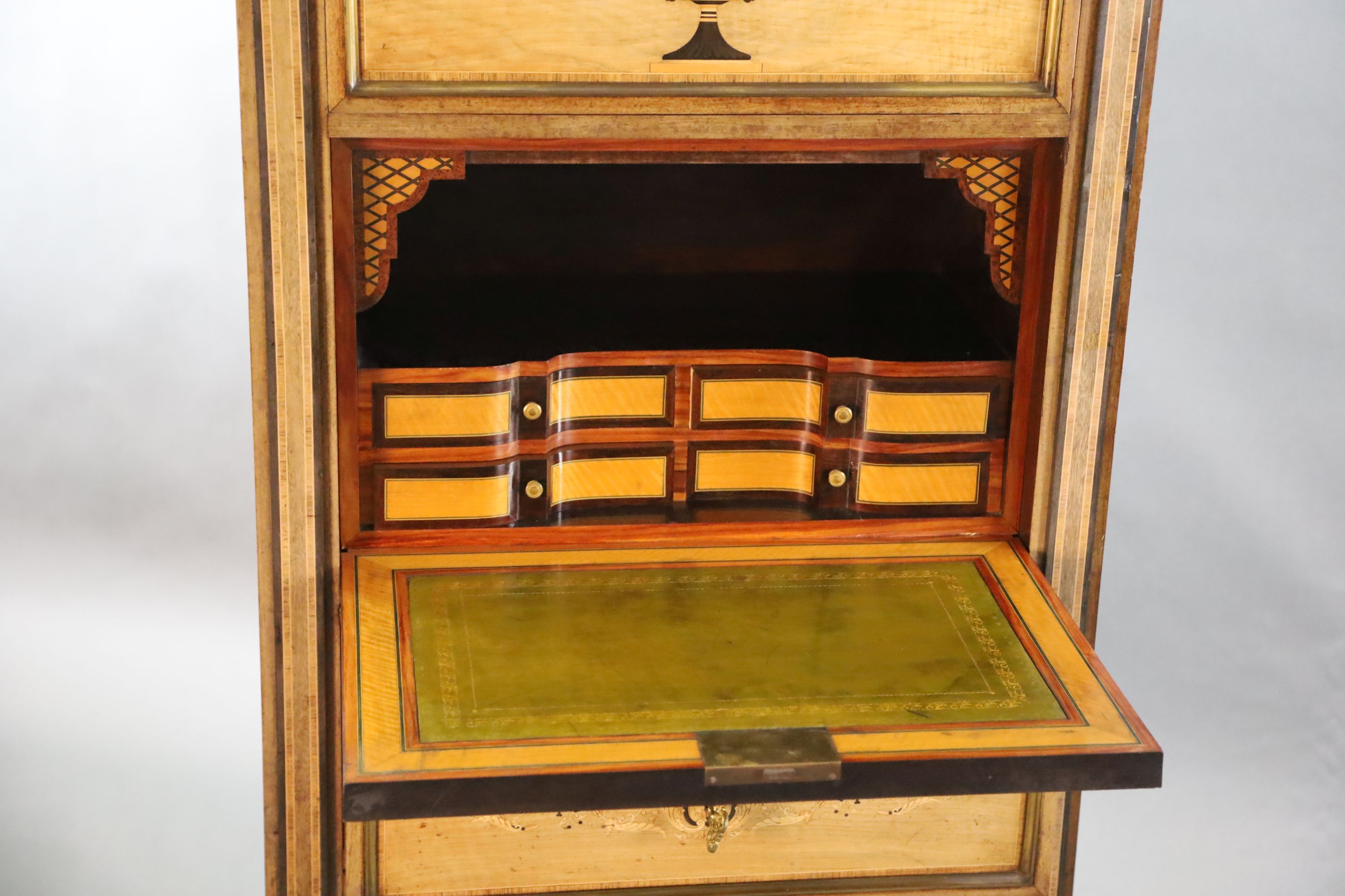 A 19th century French Louis XVI style ormolu mounted parquetry, mahogany secretaire à abbatant, W.2ft 7.5in. D.1ft 4in. H.5ft
